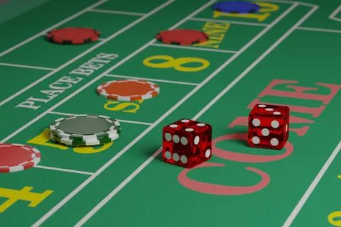 Two dice on a craps table next to some chips. Stock Illustration