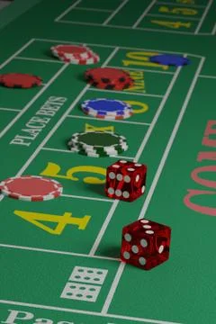 Two dice on a craps table next to some chips. Stock Illustration