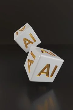 Two dice with golden AI text on dark background. Artificial intelligence co.. Stock Illustration