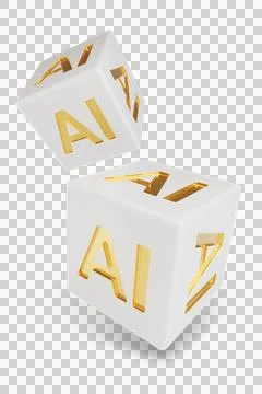 Two dice with golden AI text isolated on white background. Artificial intel.. Ilustração Stock