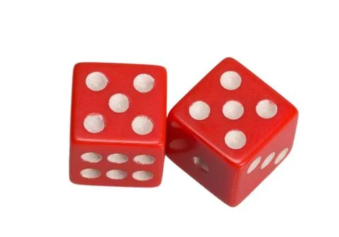 Two dice showing two five Stock Photos