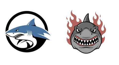 Two different cartoon sharks one in a circle and one with flames  bundle design Stock Illustration