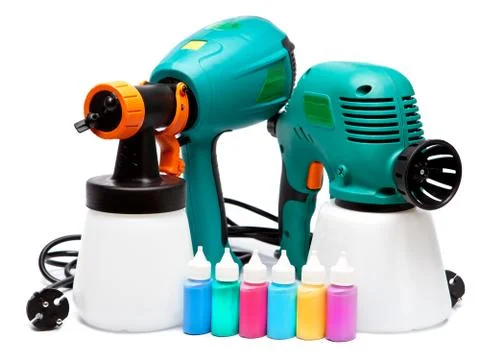 Two different construction electrical spray gun for pulverization of color an Stock Photos