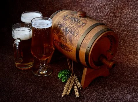 Two different glasses with light beer, a wooden keg, hops and ears of corn on Stock Photos
