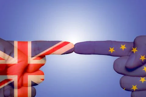 Two different hands touching each other by index finger, Brexit concept Stock Photos