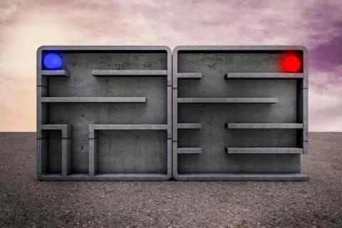 Two different mazes one with exit and the other without at sunset magenta day Stock Illustration