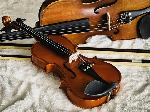 Two different size of violins put on soft cotton cloth, Foto stock