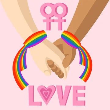 Two different skin colors hands hold each other with LGBT rainbow ribbon band Illustrazione stock