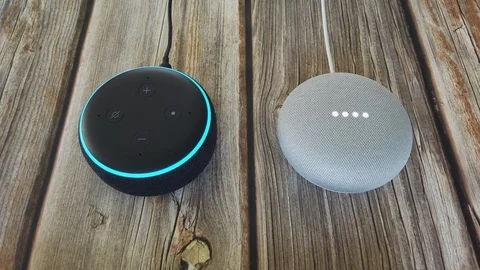 Two different Smart Home Voice Assistant Controlled Gadget Responding To Command Stock Footage 115479141