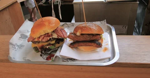Two different variety of burgers Stock Footage 67607662