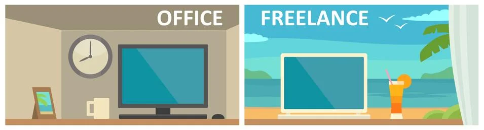 Two different workplace in office and on tropical resort 库存插图