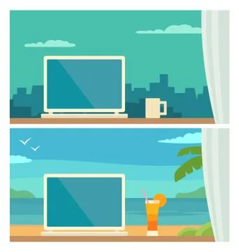 Two different workplace in office and on tropical resort Stock Illustration