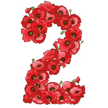 Two digit made of red poppies flowers. Floral element of colorful alphabet ma Stock Illustration