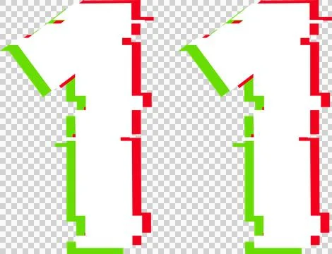 Two digital glitching numeral ones are floating on transparent canvas, red green Illustrazione stock
