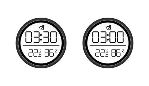 Two digital weather clocks with black rims showing temperature and humidity Иллюстрация