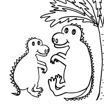 Two dinosaurs big and small, mother and son, sitting under a palm tree Illustrazione stock