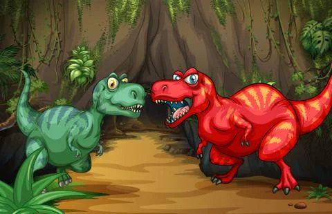 Two dinosaurs by the cave 스톡 일러스트
