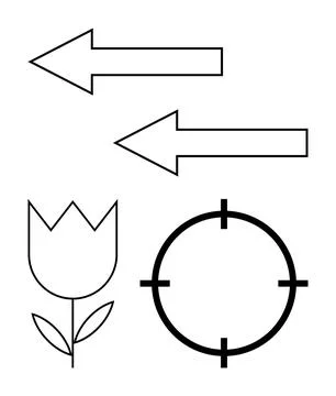 Two directional arrows pointing left, a simplistic flower with leaves, and a  스톡 일러스트