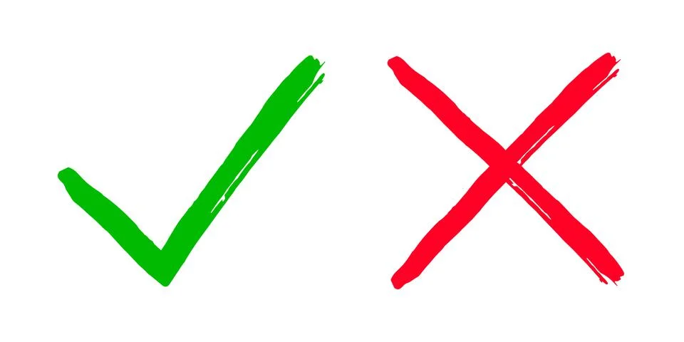 Two dirty grunge hand drawn with brush strokes cross x and tick OK check marks Illustrazione stock
