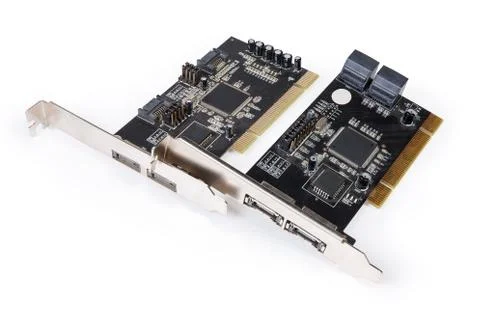 Two disk array controller cards for PC on white background Stock-Fotos