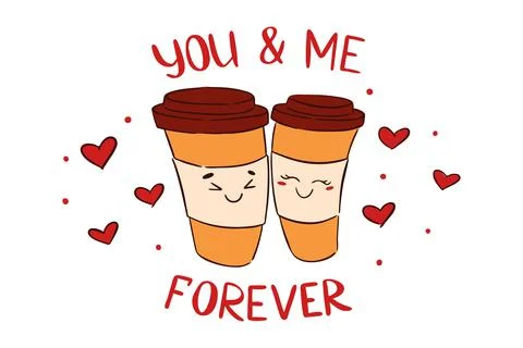 Two disposable coffee paper cups cute characters in love with hearts and letters Stock Illustration