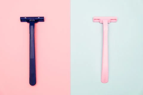 Two disposable razor blades of different colors for removing, shaving unwante Stock Photos