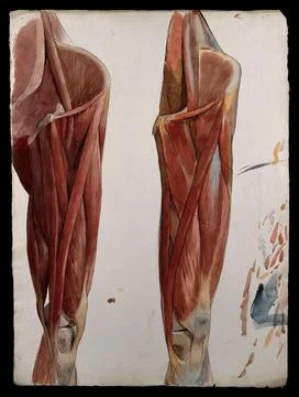 Two dissections showing the muscles of the thigh, hip, pelvis and knee. Wat.. Stock Illustration