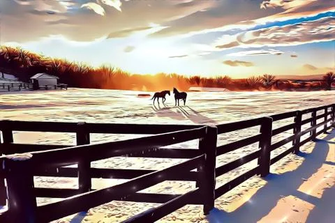 Two distant horses in the middle of the field 스톡 일러스트