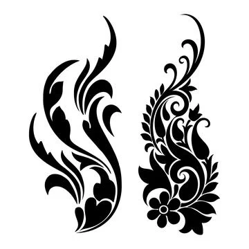 Two distinct black floral decorative with scrolling leaves and paisley Stock Illustration