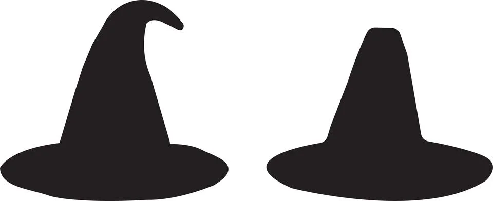 Two distinct pointy witch hats with wide brims shown in a stark black silho.. Stock Illustration