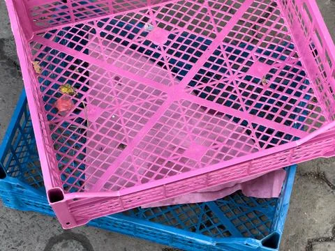 Two distinctively colored plastic crates, one pink and one blue. Stock Photos