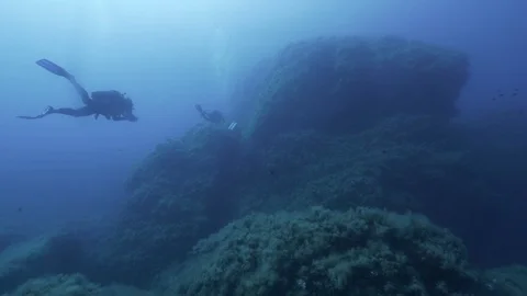 Two divers swim among the rocks covered with seaweed,Ustica,Mediterranean sea Stock Footage 124469031