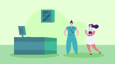 Two diverse female doctors or nurses standing in hospital reception area wi.. Stock Footage 339062731