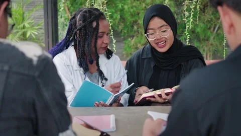 Two diverse girl friends learning together preparing for exams at University Stock Footage 306658758