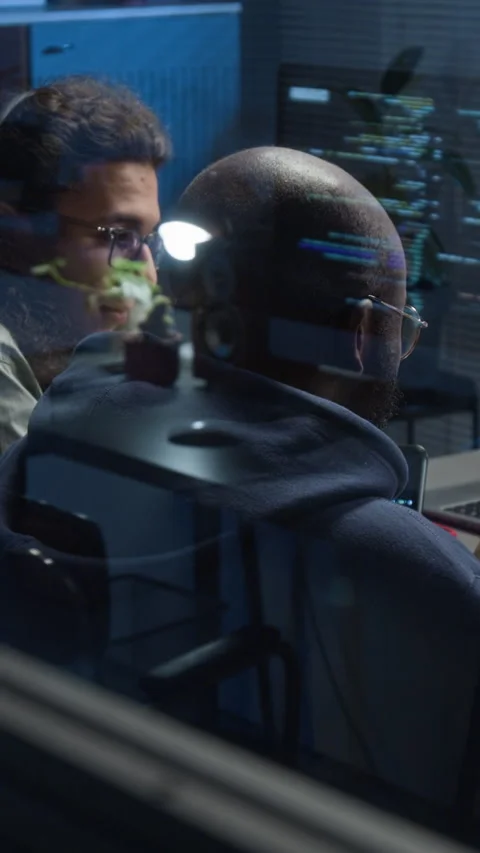 Two Diverse Male Programmers Having Conversation Working on Project Together Stock Footage 329618056