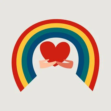 Two diverse partner hand hold heart and rainbow together. Pride color print in Stock Illustration