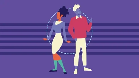 Two diverse people dancing and moving creatively in a studio with purple ba.. Stockbeeldmateriaal 333295278