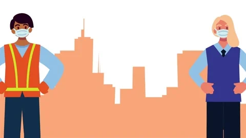 Two diverse people wearing face masks stand apart against city skyline moti.. Stock Footage 333607451