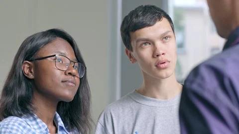 Two diverse students asking questions to teacher Stock Footage 105193032