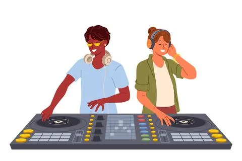 Two DJ use mixing console to entertain visitors to disco in nightclub and play Stock Illustration