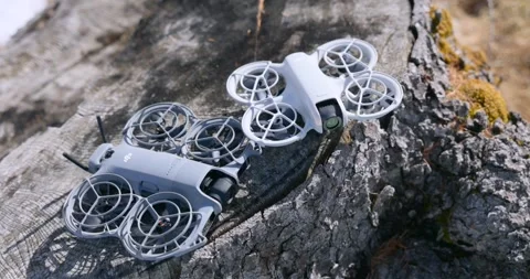 Two DJI Avata FPV drones on tree stump Stock-Footage 335219308