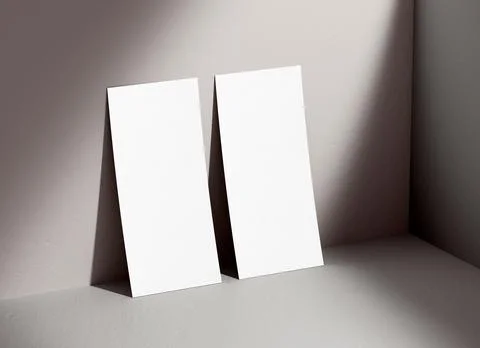 Two DL vertical flyer mockup blank paper leaning on a wall for design present 스톡 사진