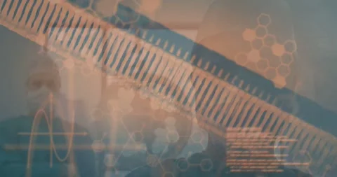 Two docs watching while slanted DNA helix sweeping showing code and staff detail Stock Footage 333965658