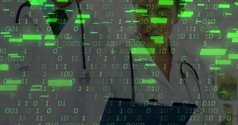 Two doctors analyzing chart initiating green binary code filling screen for data Video stock 312826738