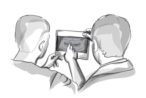 Two doctors analyzing Xray diagram Vector sketch storyboards Illustrazione stock