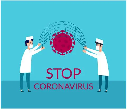 Two doctors are fighting COVID-19 coronavirus. Health workers are trying to stop 스톡 일러스트