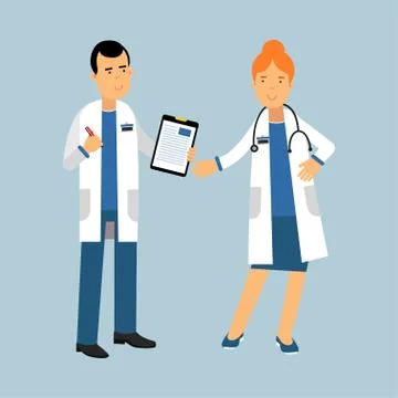 Two doctors characters in a white coats standing and discussing health care Stock Illustration