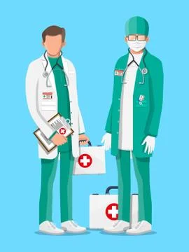 Two doctors in coat with stethoscope and case Stock Illustration