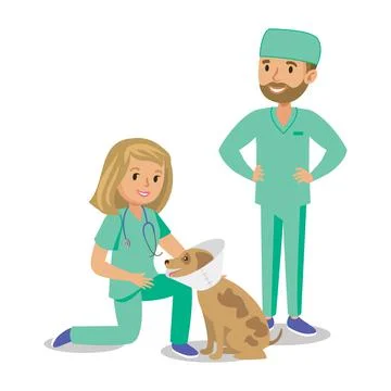 Two doctors with dog. Vet doctors. Cartoon veterinarians healing dog. Vector Stock Illustration