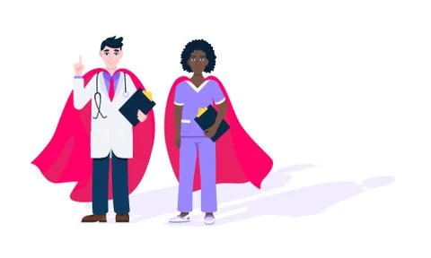 Two doctors with hero cape behind hospital medical employee fight against Stock Illustration